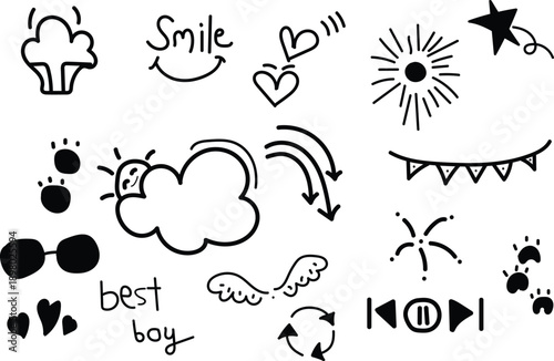 Hand drawn design elements with smiley faces clouds and emotive icons