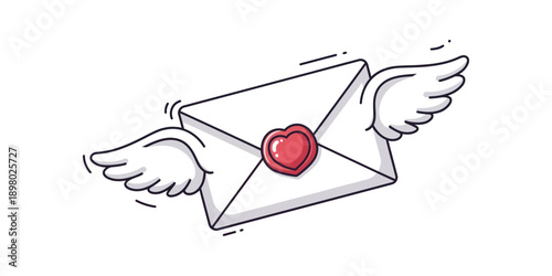 A cute cartoon illustration of a flying love letter envelope with white wings and a red heart wax seal, symbolizing romantic messages and fast delivery.
