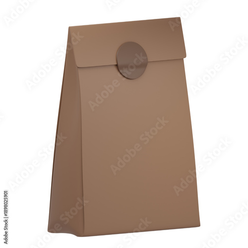 A closed brown paper bag with a circular seal at the top, isolated on a white background, showcasing a simple, eco-friendly packaging design