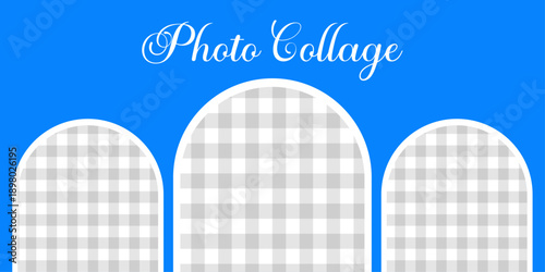 Professional Blue Social Media Banner Template with Three Arched Photo Frames and Minimalist Design Layout for Digital Marketing and Creative Portfolio Showcase