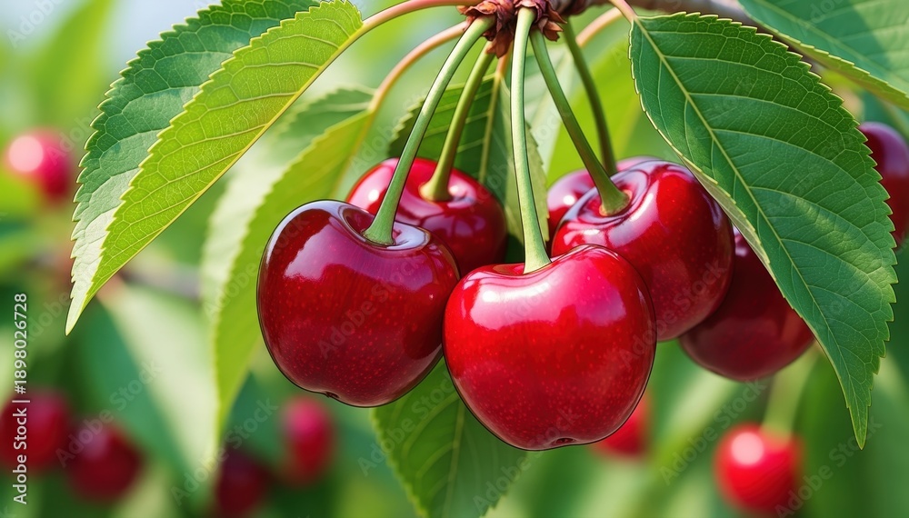 Obraz premium Sweet Cherry Burst: A close-up showcases the vibrant reds of ripe cherries hanging from a leafy branch, embodying the freshness and sweetness of summer.