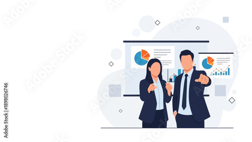 Business professionals pointing at camera with charts on screen