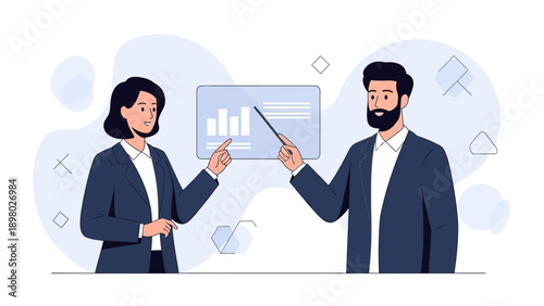 Business presentation with bar chart and data analysis by two professionals