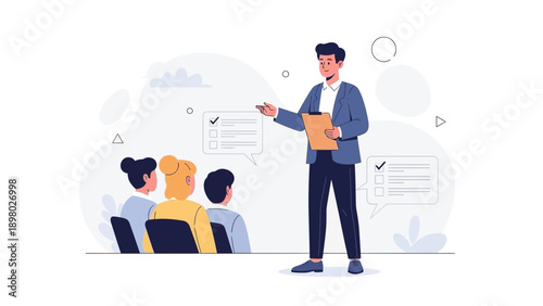 Business Meeting Presentation: Speaker with Clipboard and Audience