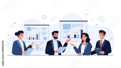 Business Team Meeting with Presentation Charts and Graphs