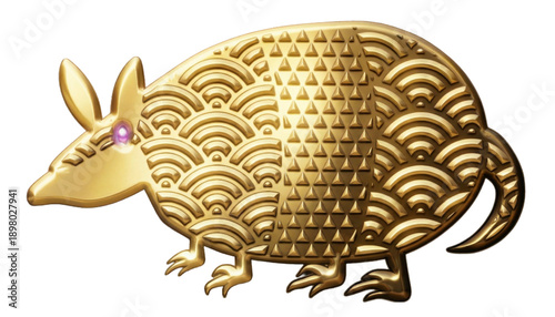 Golden armadillo with Japanese Seigaiha and Uroko patterns, 3D illustration