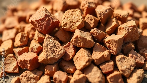 bauxite. Pile of rough ochre bauxite ore samples in red and yellow, close-up with shallow focus. safety posters, maintenance manuals, designed for industrial assembly lines and welding operations.