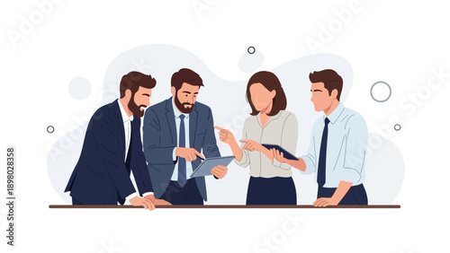 Diverse business team collaborating on strategy with digital tablet, modern office meeting