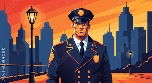 A stylized vector illustration of a police officer standing proudly in front of a city skyline at sunset