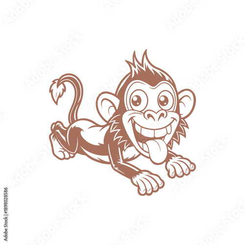 Playful cartoon monkey with a big smile and tongue sticking out, depicted in a happy and energetic pose.