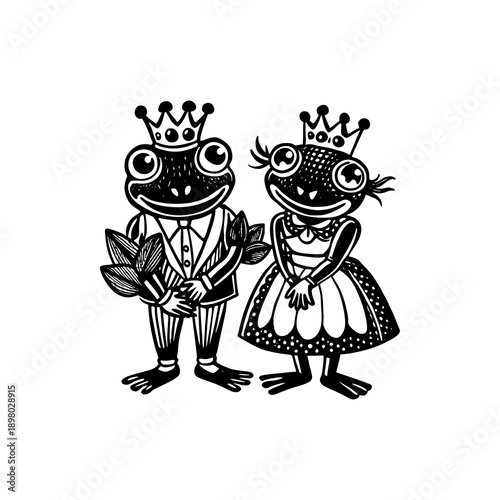Black and white illustration of a frog prince and princess wearing crowns and royal attire.