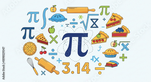 Celebration of Pi Day with Mathematical Symbols and Tasty Pies in a Circular Arrangement