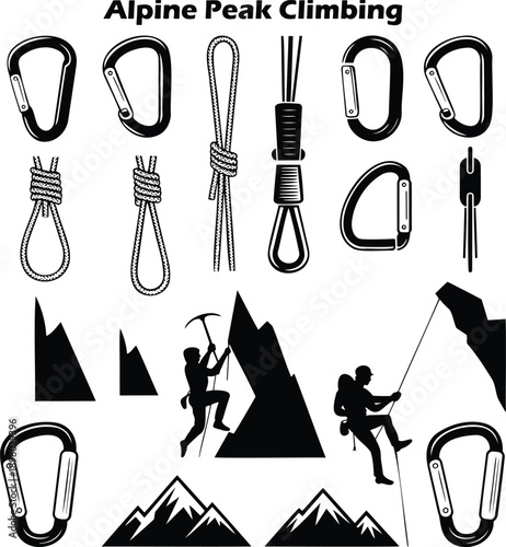 A collection of black silhouettes depicting alpine peak climbing equipment and adventurous climbers on mountains
