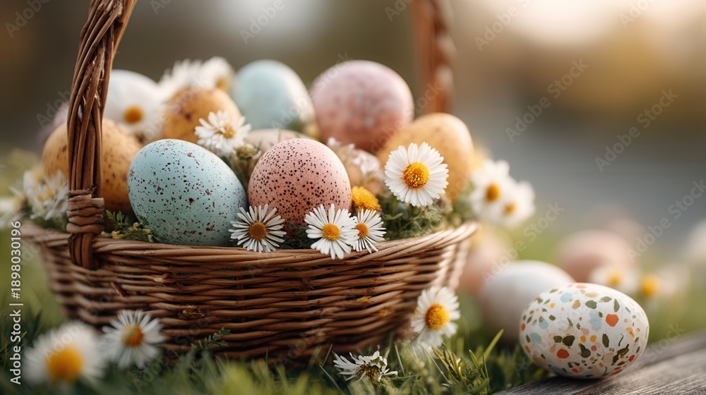Obraz premium Easter basket spring flower daisy decoration pastel egg holiday nature garden arrangement celebration joy