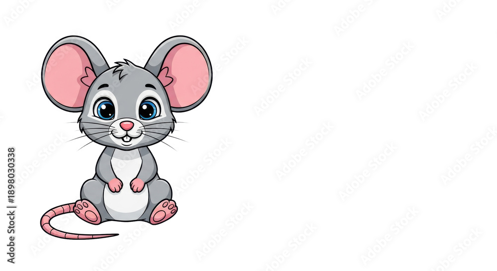 Fototapeta premium a cheerful, stylized 2d vector cartoon mouse with soft grey fur and blue eyes, sitting upright on a transparent background with copy space to the right, minimalist character mascot. Concept for