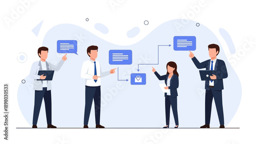 Business Team Collaborating on Project Workflow with Flowchart and Chat Bubbles