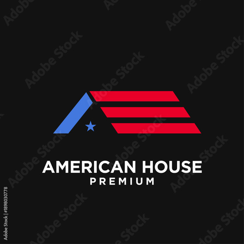 American House Roof Logo Design with Blue Star and Red Stripes. Minimalist patriotic real estate symbol.