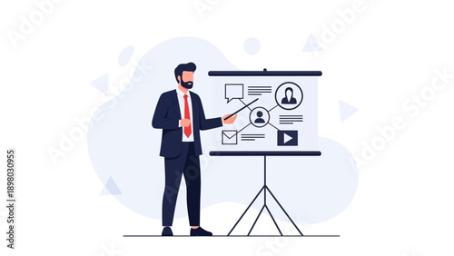 Businessman presenting strategy on whiteboard with flowchart