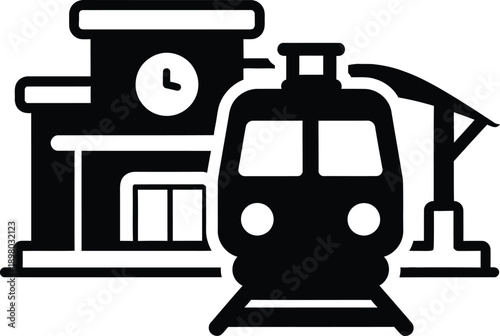 Black and white illustration of a train arriving at a station with a clock tower.