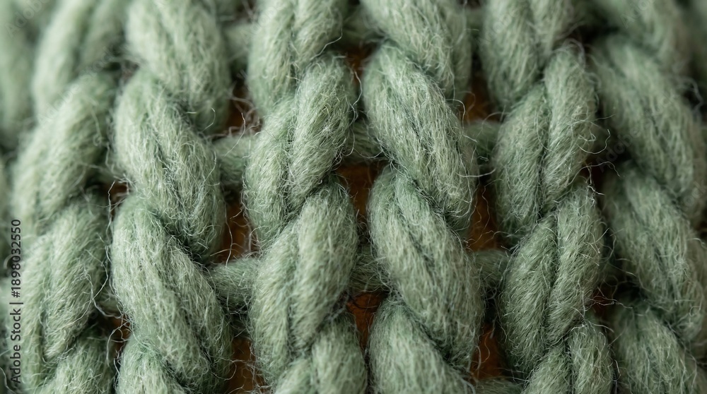Fototapeta premium Close-up macro view reveals the intricate texture of thick mint green yarn knitted into a consistent pattern.