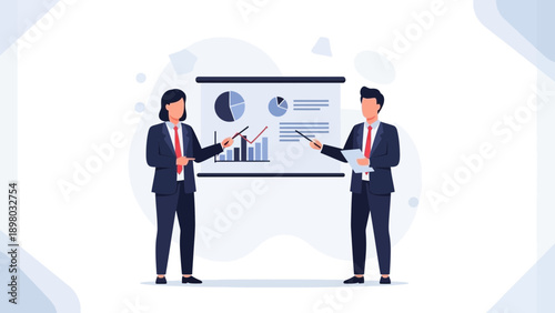 Business meeting, presenting data on flip chart, strategy discussion, teamwork