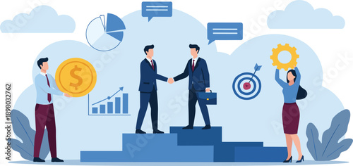 Business Partnership and Corporate Success Vector Illustration with Teamwork Handshake Financial Growth Targets and Strategy Elements for Professional Designs