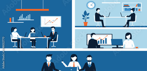 Business Meeting and Corporate Analytics Vector Illustration Set with Team Discussion Office Workspace Presentations and Data Analysis Scenes for Professional Use