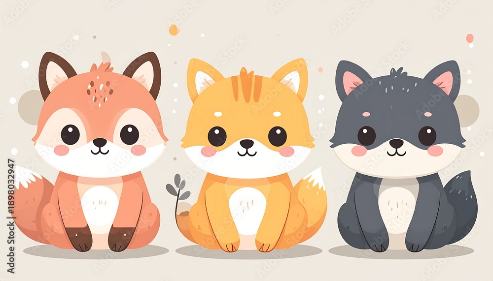 Fototapeta premium Cute and Whimsical Illustration Featuring a Trio of Friendly Cartoon Foxes with Big Adorable Eyes and Fluffy Tails, Perfect for Children's Themes and Sweet Designs