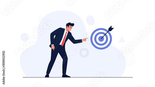 Businessman points to target with arrow, achieving goals, business strategy concept