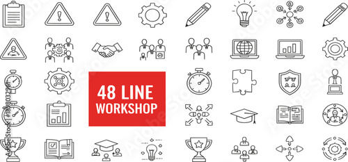 Business Workshop and Management Line Icon Set Vector Illustration Featuring Strategy, Training, Analytics, Teamwork, Planning, and Professional Development Concepts