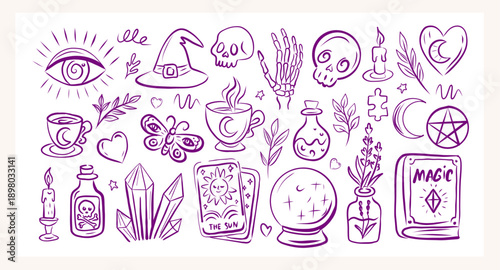 Cute magic Halloween set. Hand draw vector illustration of spooky Halloween and objects. Witch
