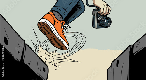 An adventurous person's foot in orange sneakers steps precariously over a challenging gap while holding a camera, symbolizing exploration and risk.