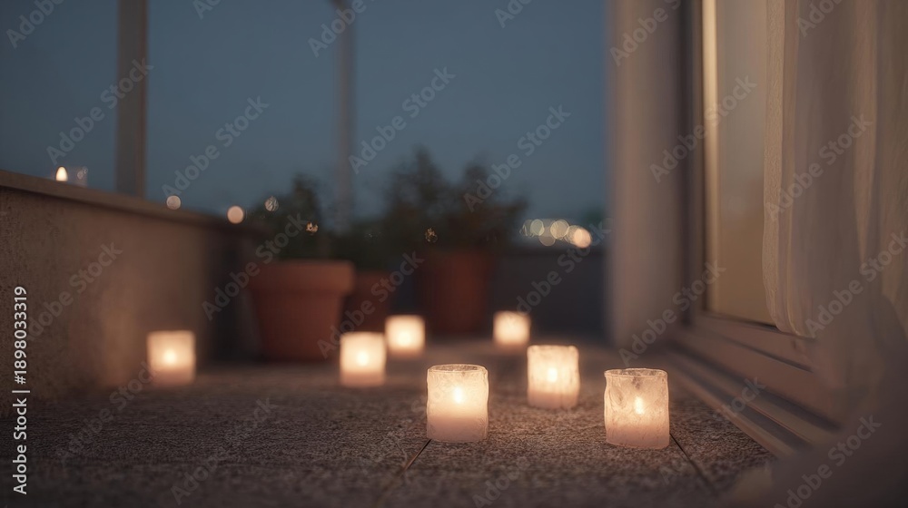 Fototapeta premium Group of small white candles placed on a concrete floor in front of a window. the candles are lit and appear to be floating in the air.