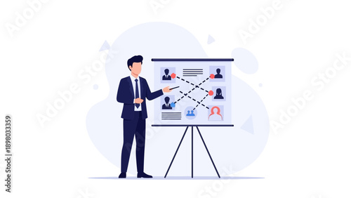 Business strategy presentation with flowchart on whiteboard, team management concept.