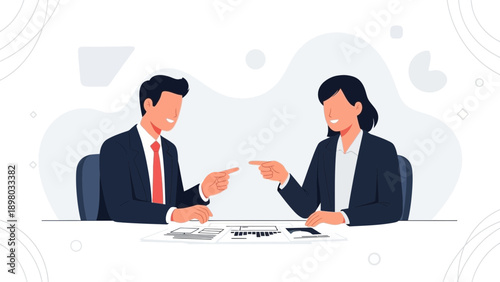 Business partners pointing fingers at each other, conflict and disagreement concept