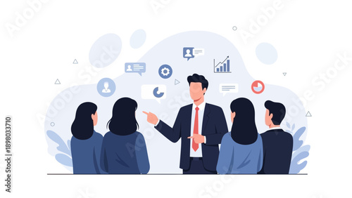 Business meeting with leader instructing team, charts, and communication icons
