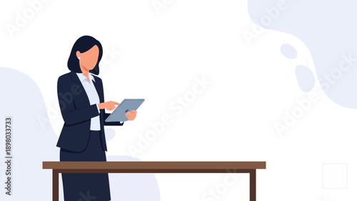 Businesswoman using tablet at desk, professional modern illustration