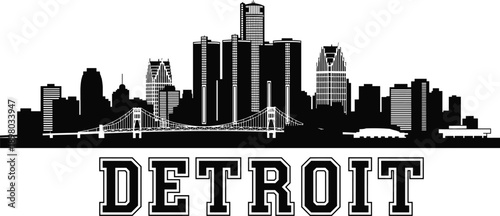 Detroit City Skyline Silhouette with Typography, Black and White Vector Illustration of Michigan Urban Cityscape for Travel and Tourism Design