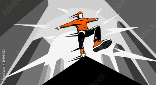 A striking graphic illustration depicts an agile figure in an orange hoodie balancing on a sharp urban peak against a grayscale cityscape, embodying urban triumph.