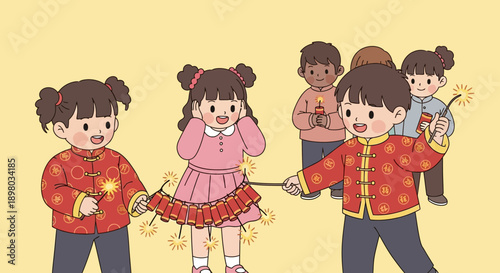 Children celebrating a festive occasion with sparklers and firecrackers, dressed in traditional Chinese clothing, expressing joy and excitement.