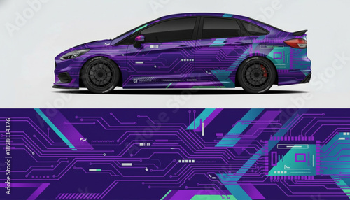 Purple and teal circuit board pattern car wrap design with a modern sedan showcasing the vibrant graphic.