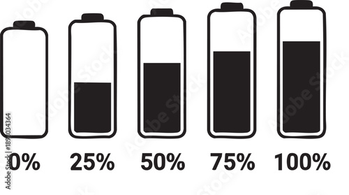 Set of vertical battery charge level indicators in percentage vector. Battery indicator symbols. 0-100 percent.
