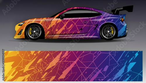 Sports car with vibrant gradient geometric wrap design, showing abstract patterns and colors.