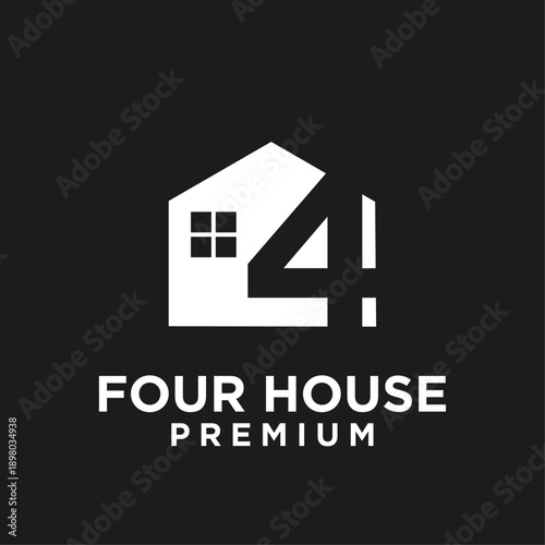 Modern Four House Premium Logo Design with Minimalist Number 4 and Home Icon in Black and White