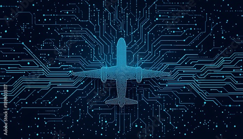 Futuristic airplane on digital circuit board in blue hues