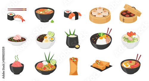 Koleksi Ilustrasi Makanan Asia: Sushi, Ramen, Dim Sum, dan Hidangan Populer Lainnya