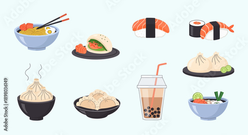 Koleksi Ilustrasi Makanan Asia: Sushi, Ramen, Dim Sum, dan Hidangan Populer Lainnya