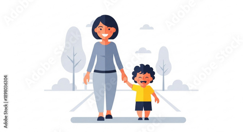 Happy Mother and Child Walking Hand in Hand on Road, Cartoon Illustration