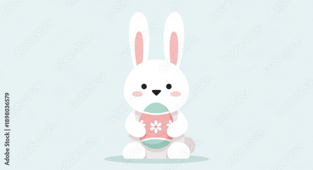 Obraz premium White Cartoon Bunny Holding Easter Egg on Light Blue Background