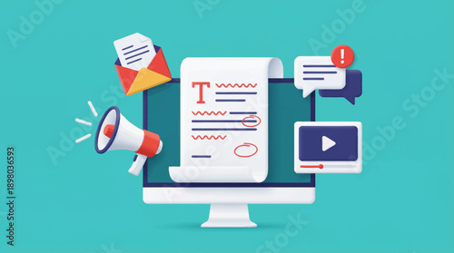 3D Content Marketing Strategy: Digital Copywriting, SEO, Multi-Channel Promotion, and Campaign Management on Computer Screen.